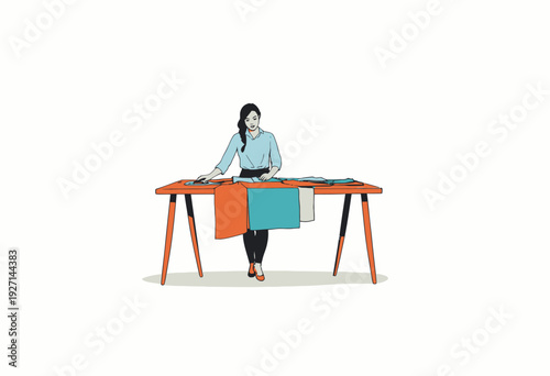 Illustrated Woman Organizing Colorful Fabrics on a Wooden Table in a Minimalist Setting Showcasing Textile Variety and Design Creativity