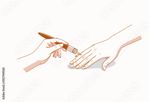 Detailed Illustration of a Hand Being Carefully Tattooed with a Needle by Another Hand on a White Background