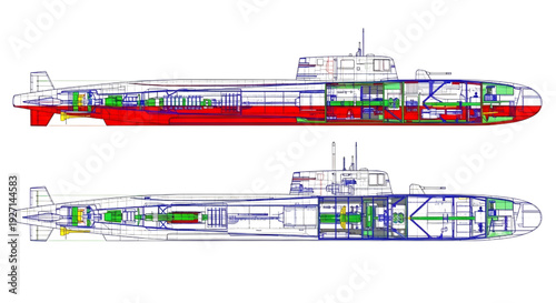 Military Submarine AutoCAD Blueprint Side View – Naval Engineering Technical Vector Drawing