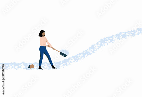 Person Clearing Path with Snow Shovel in Winter Scene Featuring Endless White Snow and Gentle Snowfall Patterns
