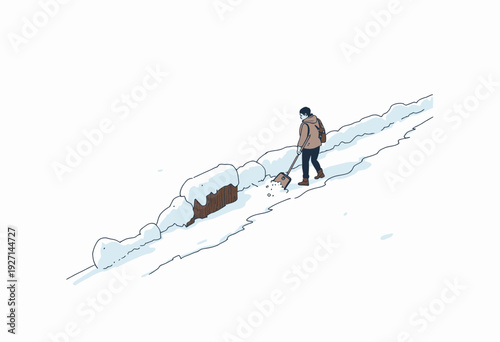A Person Shoveling Snow on a Sloped Pathway in a Quiet Winter Landscape, Capturing the Efforts and Challenges of Keeping Paths Clear During Heavy Snowfall