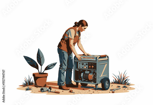 Illustration of a female technician inspecting a portable power generator in an outdoor setting with plants and tools scattered around her