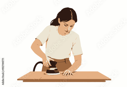 Woman Skillfully Using Electric Sander on Wooden Surface in Workshop Setting with Focus and Precision for Furniture Crafting