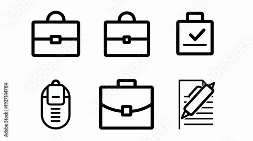Collection of business, document, and office symbols. Stylized icons in black lines on a white background