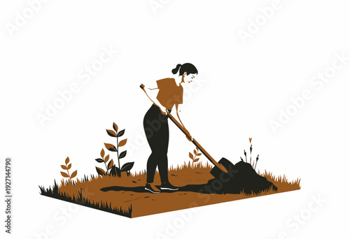 A woman engaged in a gardening activity is seen digging soil in a small patch of land with a shovel, surrounded by growing plants and blossoming flowers.