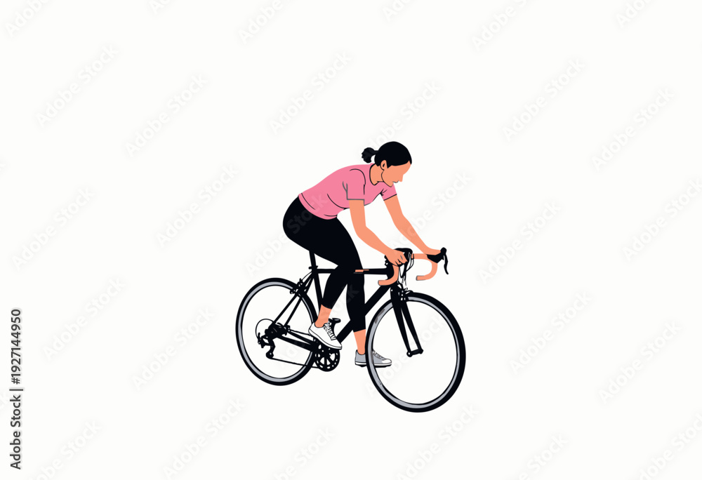 Obraz premium Illustration of a Woman Cycling on a Road Bike Wearing Casual Athletic Apparel on a Minimalist White Background
