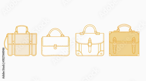Illustration of four different handbags, varying in style with outline and light brown color fill