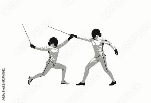 Dynamic fencing duel showcasing two competitors engaged in intense swordplay with precise moves and strategic agility on a plain backdrop