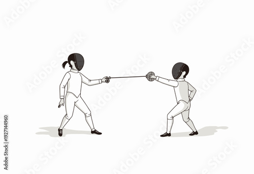 Illustration of Two Fencers in Action with Epees Wearing Protective Gear on an Indoor Fencing Strip Engaged in Competitive Bout
