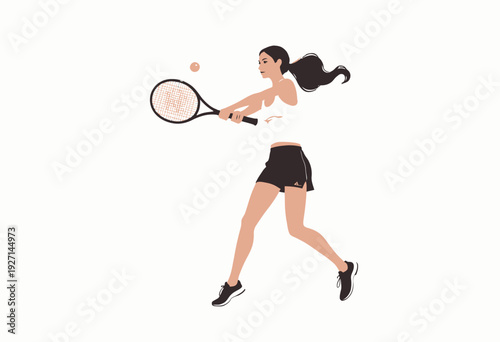 Female Tennis Player in Action Preparing to Hit Tennis Ball with Racket on White Background Illustration Capturing Dynamic Sports Movement