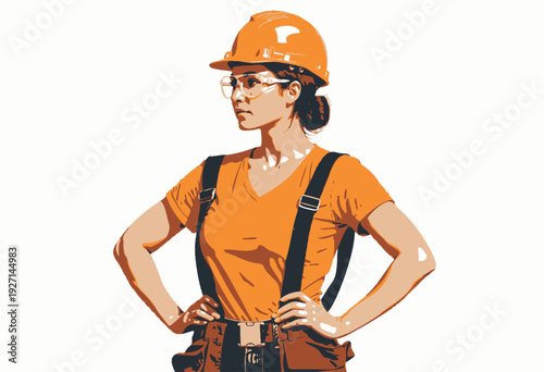 Confident Construction Worker in Orange Safety Gear and Helmet Ready for Action on Job Site with Protective Clothing and Safety Glasses