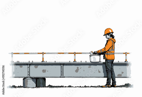 Engineer in Safety Gear Conducting Bridge Maintenance with Equipment on Overcast Day