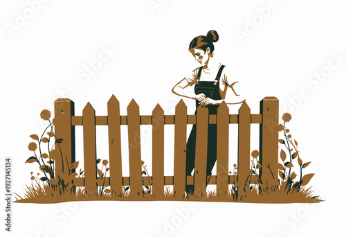 A thoughtful gardener stands before a rustic wooden fence, surrounded by sunflowers, embodying tranquility and reflection in a simple countryside setting.