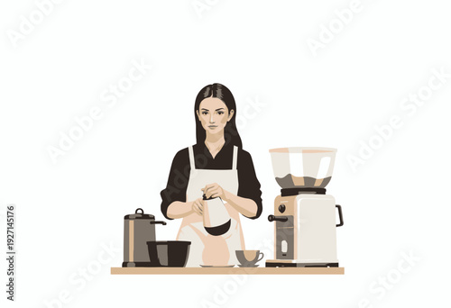 Illustration of a Woman Preparing Coffee at a Modern Kitchen Counter with Brewing Equipment and Accessories in Minimalist Style