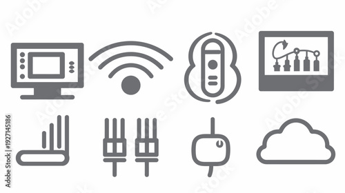Eight gray icons representing diverse technological elements on a white background