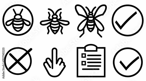 Collection of stylized line art icons, featuring insects, symbols, hand gesture, checkmarks, and a clipboard