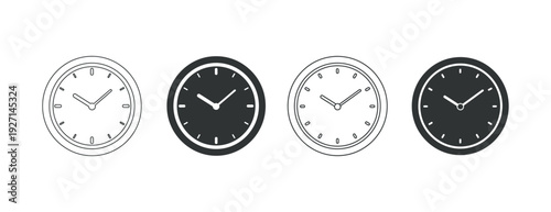 Set of four simple clock icons in different styles.