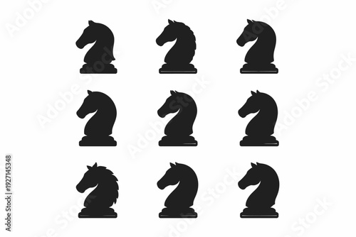 Set of nine black silhouette knight chess pieces on white background