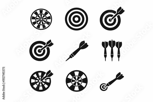 Dartboard and darts icon set in black and white design