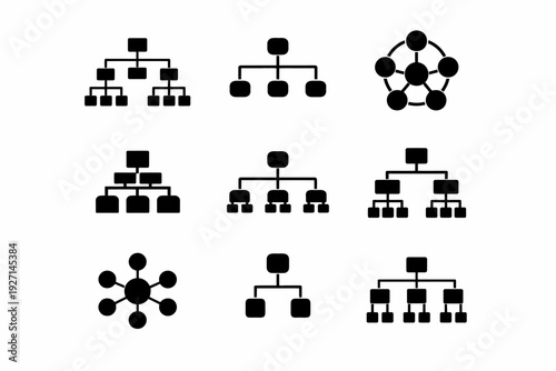 Set of nine diverse diagram icons for connection and organization visualization