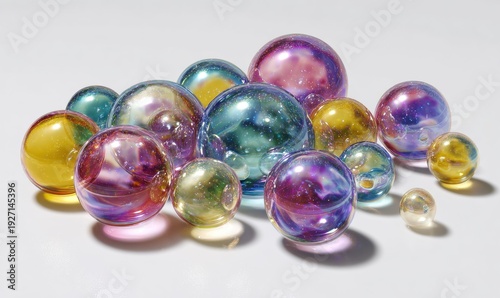 A bunch of colorful glass balls are on a white surface