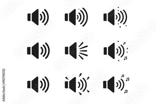 Set of black speaker icons representing different sound levels and effects