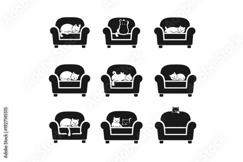 Silhouette cats on armchairs: nine cute feline poses in a cozy pattern