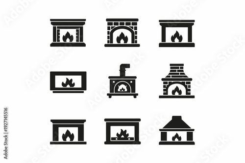 Collection of nine black fireplace icons in various designs