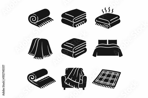 Set of nine blanket icons depicting various folding and usage styles