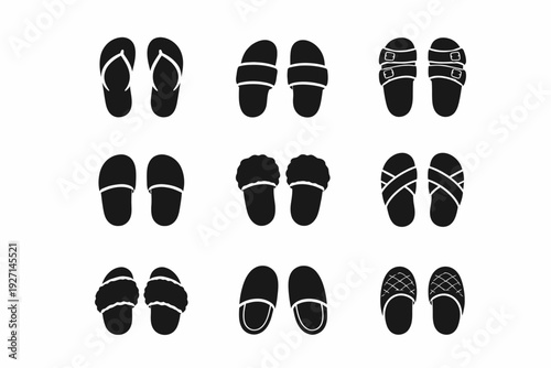 Set of nine black silhouette sandals and slippers on white background