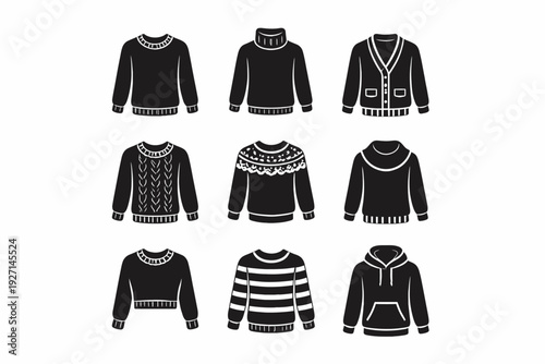 Collection of various black and white sweater illustrations with different patterns and styles