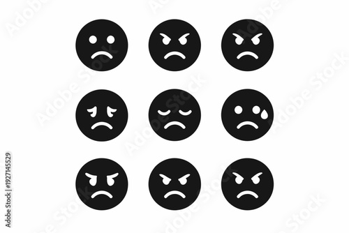 Set of nine sad and angry emoji faces in black and white