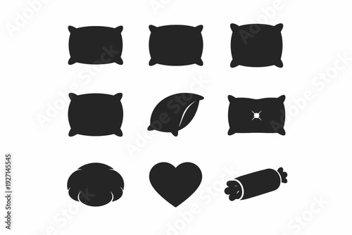Collection of nine black pillow and cushion silhouettes in various shapes