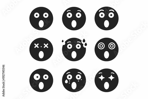 Set of nine expressive black emoji faces with various emotions