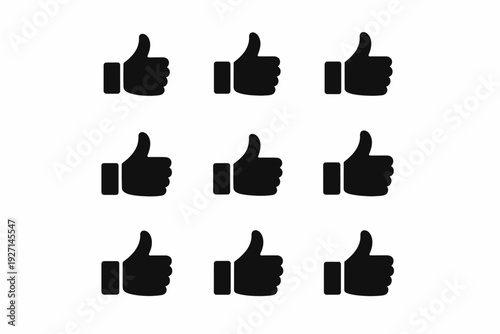 Nine black thumbs up icons on white background signifying approval and positivity
