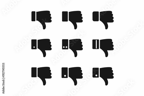 Set of nine thumbs down icons in different styles and variations