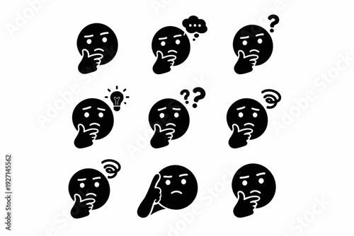 Expressive thinking emoji set: questioning, idea, and confused expressions