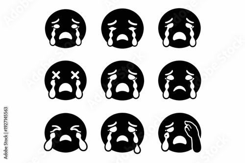 Crying emoji set: nine expressions of sadness and despair in black