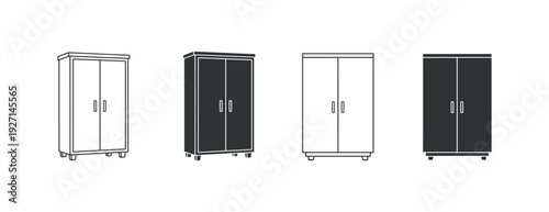 Four different colored storage cabinets with double doors and handles.
