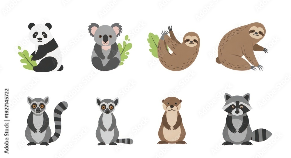 Fototapeta premium Cartoon animals collection panda koala sloth lemur otter and raccoon vector illustration