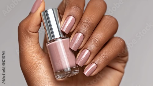 Female hand with elegant nude manicure holding nail polish bottle, beauty and cosmetics concept