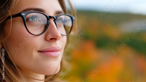 Calm woman in glasses enjoying nature outdoors, serene lifestyle and mindfulness portrait