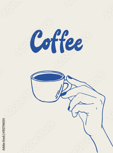 Vintage coffee line art poster, hand drawn hand holding espresso cup for prints, cards, banners, branding, social media visuals, wallpapers, etc. EPS 10