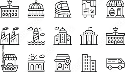Architecture and building icons set, government, stadiums, shops, factories, lighthouses, schools, offices, urban planning, lifestyle illustration