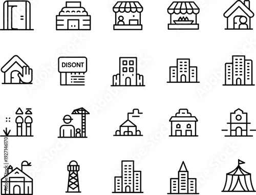 Architecture and building icons set, stadiums, shops, schools, churches, towers, domes, housing, urban planning, lifestyle illustration