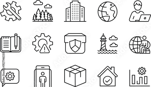 Business technology icons set, global communication, remote work, security, logistics, data analysis, productivity, environment, workflow, corporate illustration