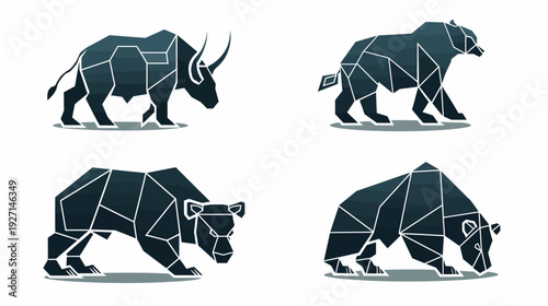 Geometric depictions of a bull and bears in varying poses with a gradient blue, white outline, and shadow