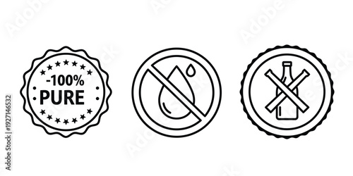 Pure natural product labels and icons for cosmetics or food  no chemicals allowed