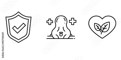 Line icons of shield with checkmark smiling poop with plus signs heart with leaves  symbols of protection health and nature