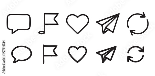 Doodle style social media icon set with chat flag heart paper plane and update symbols in outline